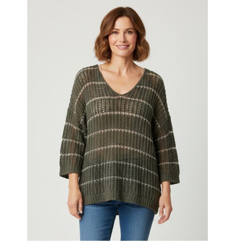 CHICO'S WOMENS SIZE 3 XLARGE LOOSE KNIT METALLIC STRIPED SWEATER OLIVE GREEN